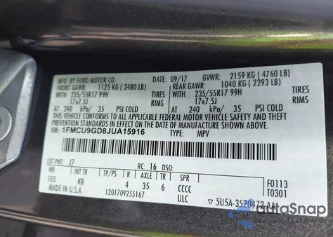 2018 Ford Escape Se from USA, damaged, VIN 1FMCU9GD8JUA15916